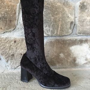 Vintage 90s Black Stretch Velvet Knee High Chunky Heel Sock Boot 7.5 David Aaron